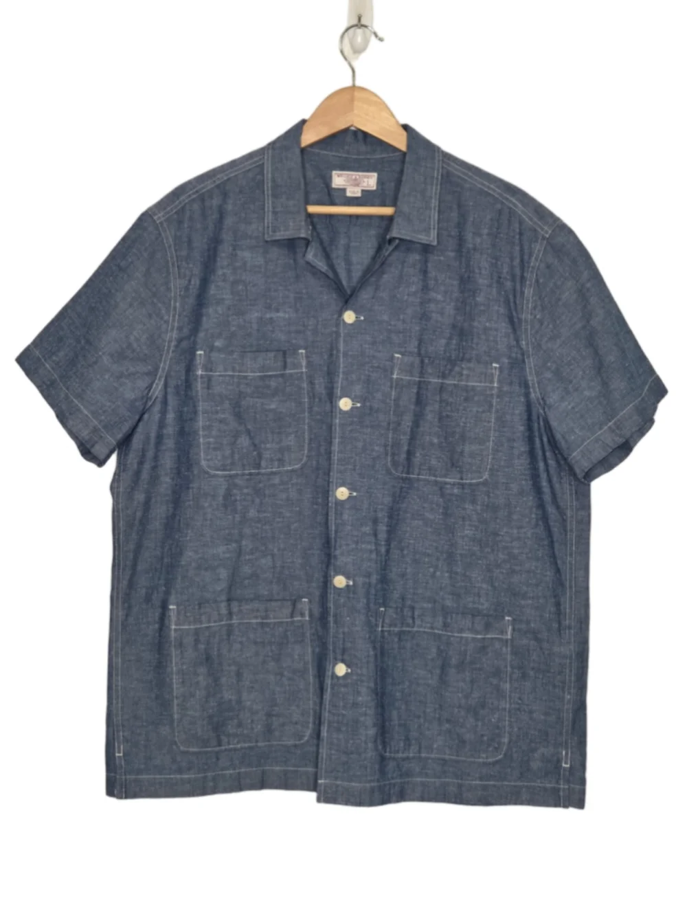 J.Crew Wallace & Barnes Guayabera Shirt Men's Large Chambry Blue Short Sleeve